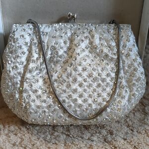 Elegant Silver Beaded Clutch